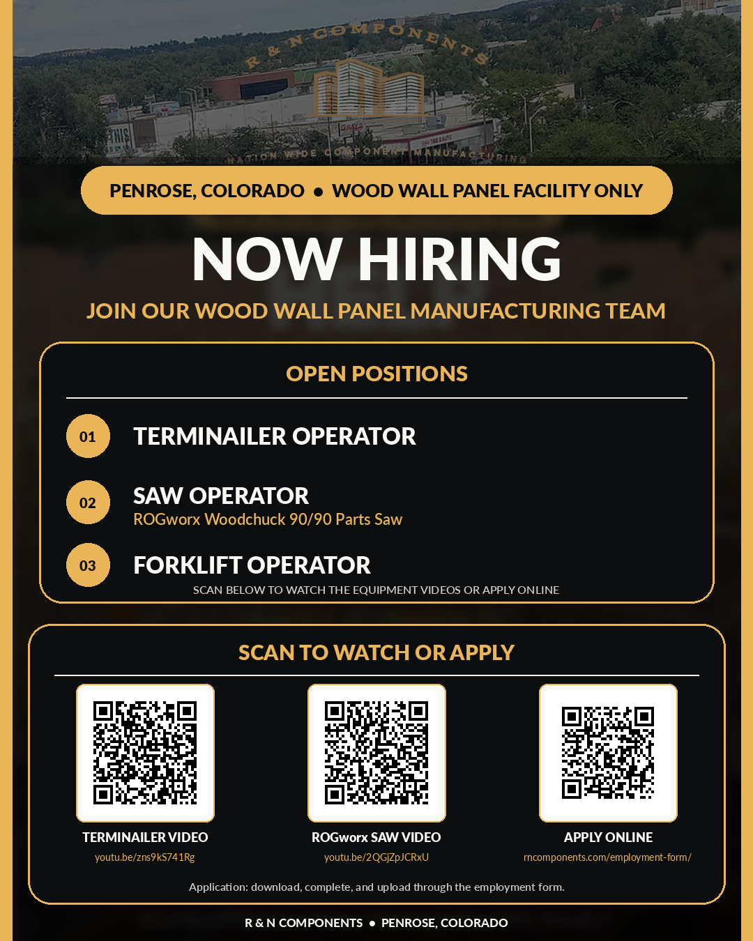 R & N Components now hiring ad for the Penrose, Colorado wood wall panel facility